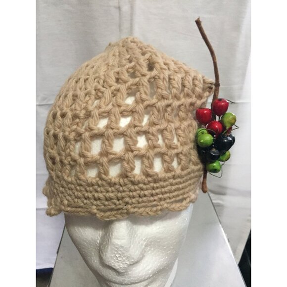 Vintage Beige Crocheted Beanie Hat With A Sprig Of Multi Colored Fruit Attached